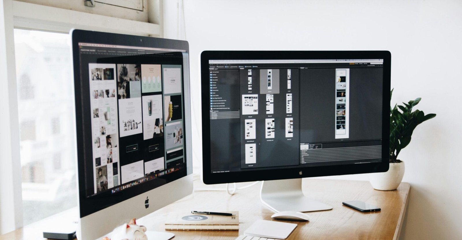 A well-organized design workspace with dual monitors and design software on display.